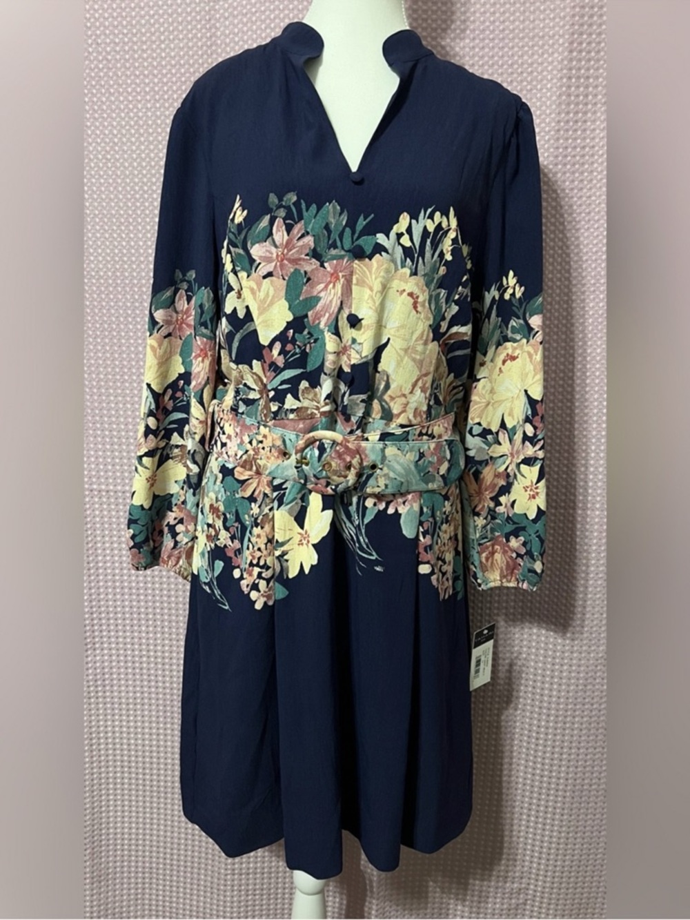 Tahari ASL Navy Floral Midi Dress with Self Belt